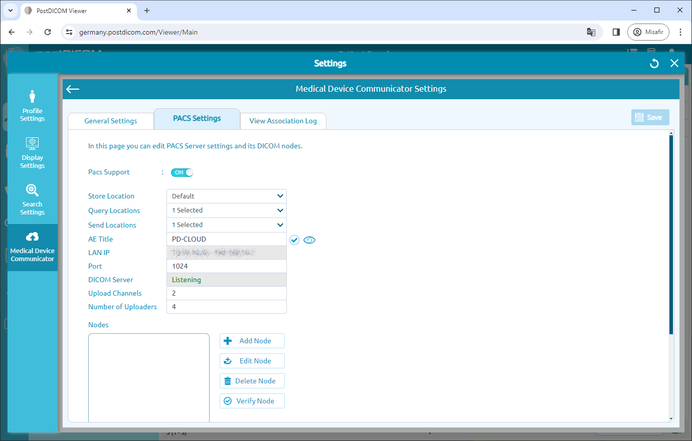 Editing Medical Device Communicator (MeDiC) PACS Server Settings for Windows